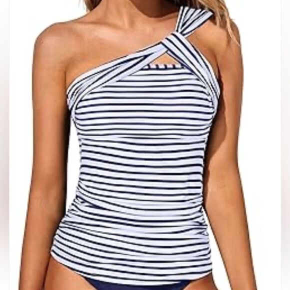 NWT Tempt Me Women’s One Shoulder Navy And White Stripe Tankini, Size XS - Picture 1 of 11